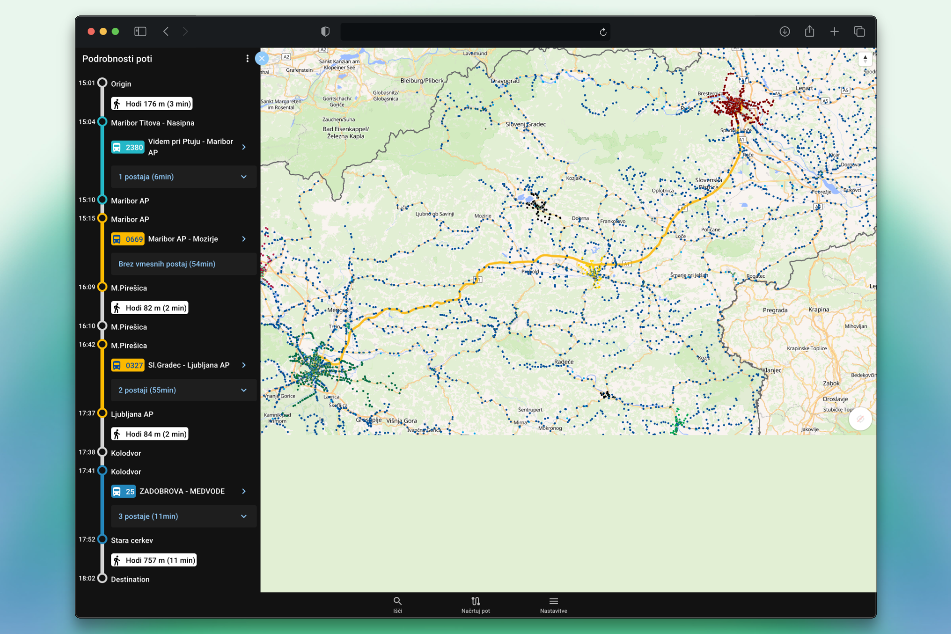 Brezavta route view with live vehicle positions